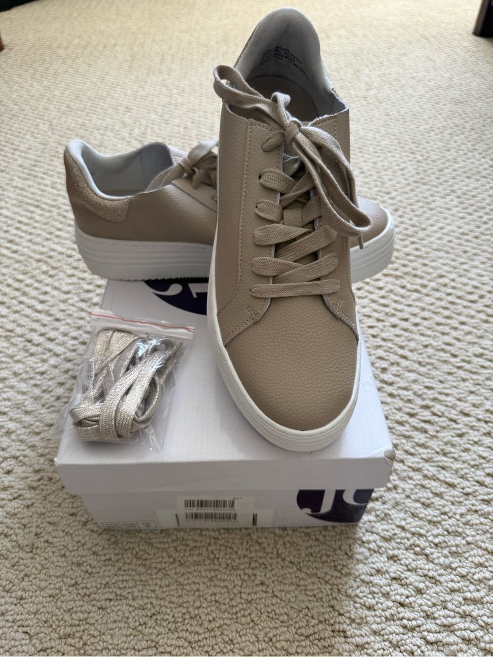 Joy Mangano Beige Platform Lace-Up Sneakers with Metallic Laces